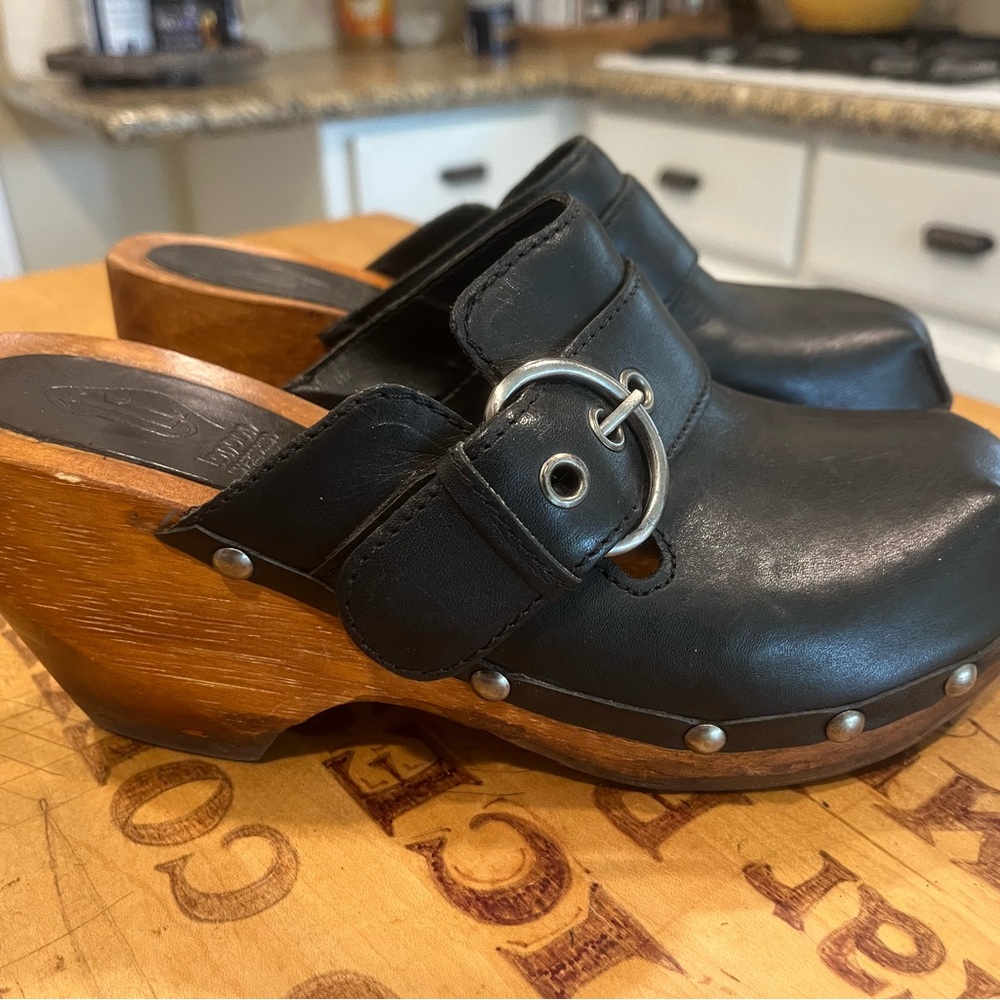 Black Leather Clogs with Silver Buckle and Wooden Heel